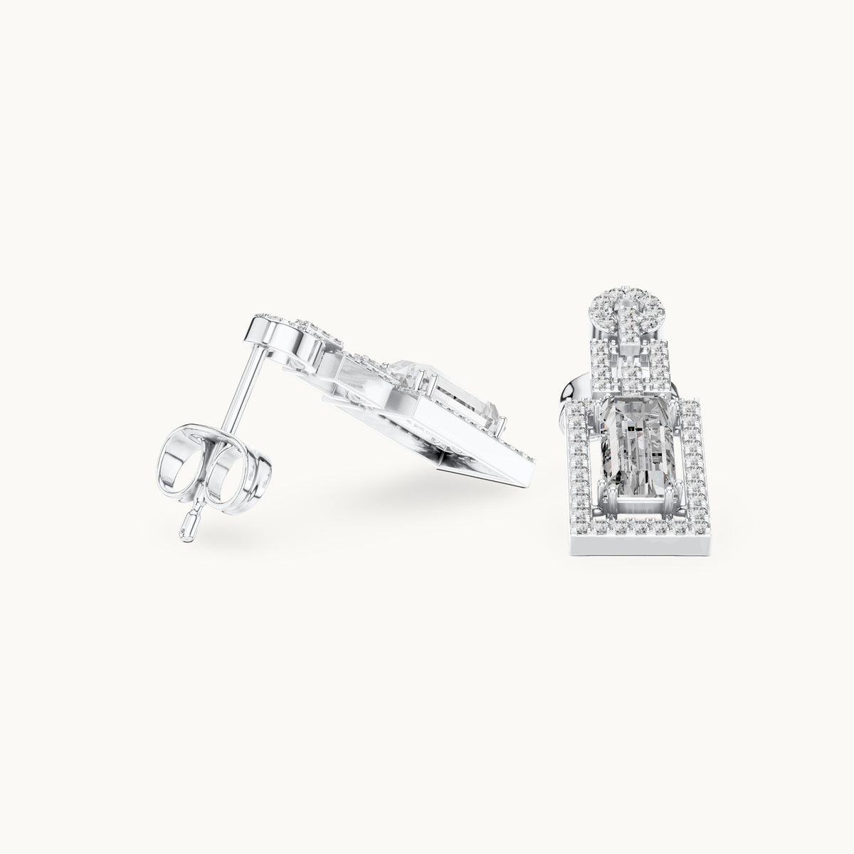 Baguette and round lab-grown diamond halo drop earrings in white gold, 1.958 CT TW, view 1