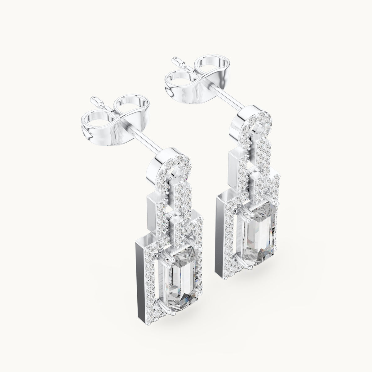 Baguette and round lab-grown diamond halo drop earrings in white gold, 1.958 CT TW, view 2
