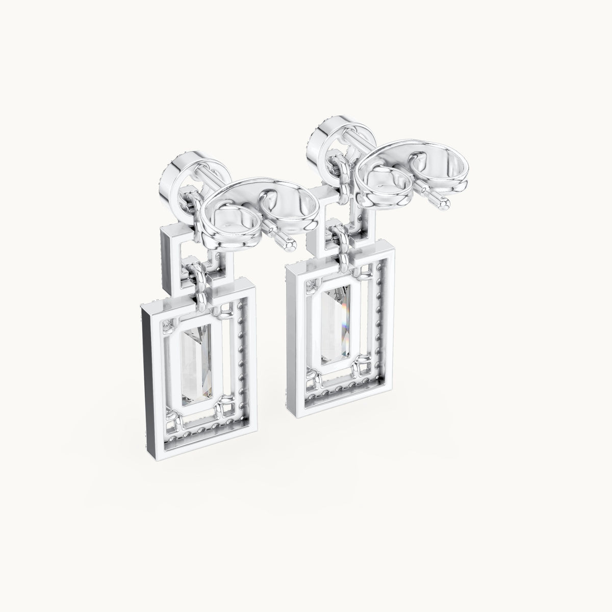 Baguette and round lab-grown diamond halo drop earrings in white gold, 1.958 CT TW, view 3