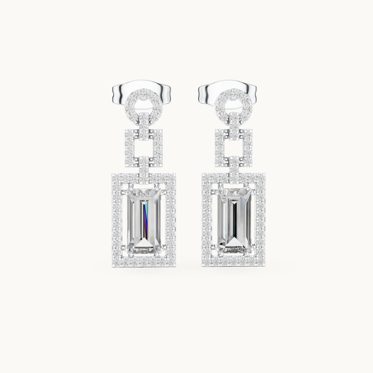 Baguette and round lab-grown diamond halo drop earrings in white gold, 1.958 CT TW, view 4