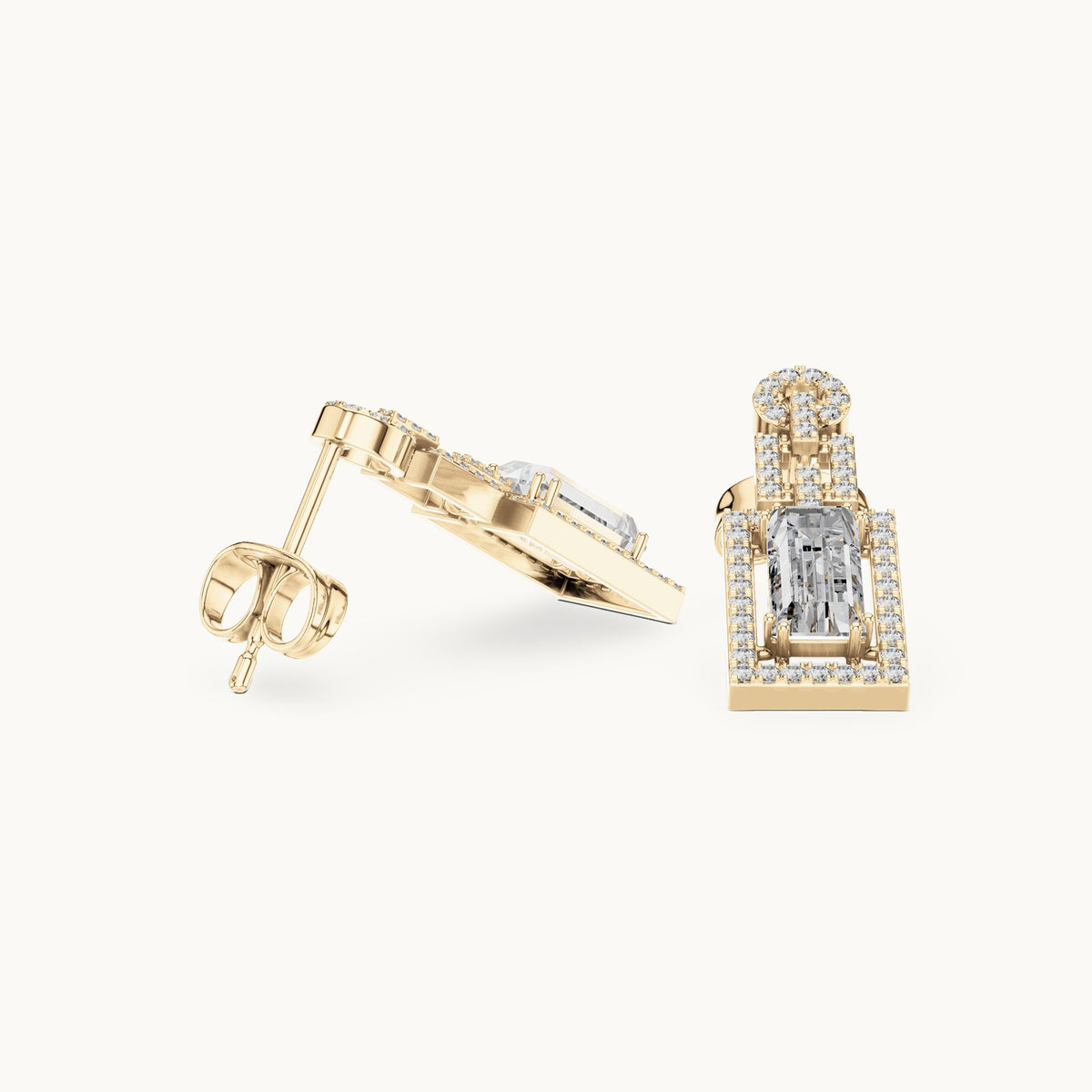 Baguette and round lab-grown diamond halo drop earrings in yellow gold, 1.958 CT TW, view 1