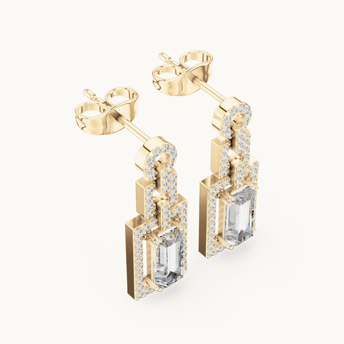 Baguette and round lab-grown diamond halo drop earrings in yellow gold, 1.958 CT TW, view 2