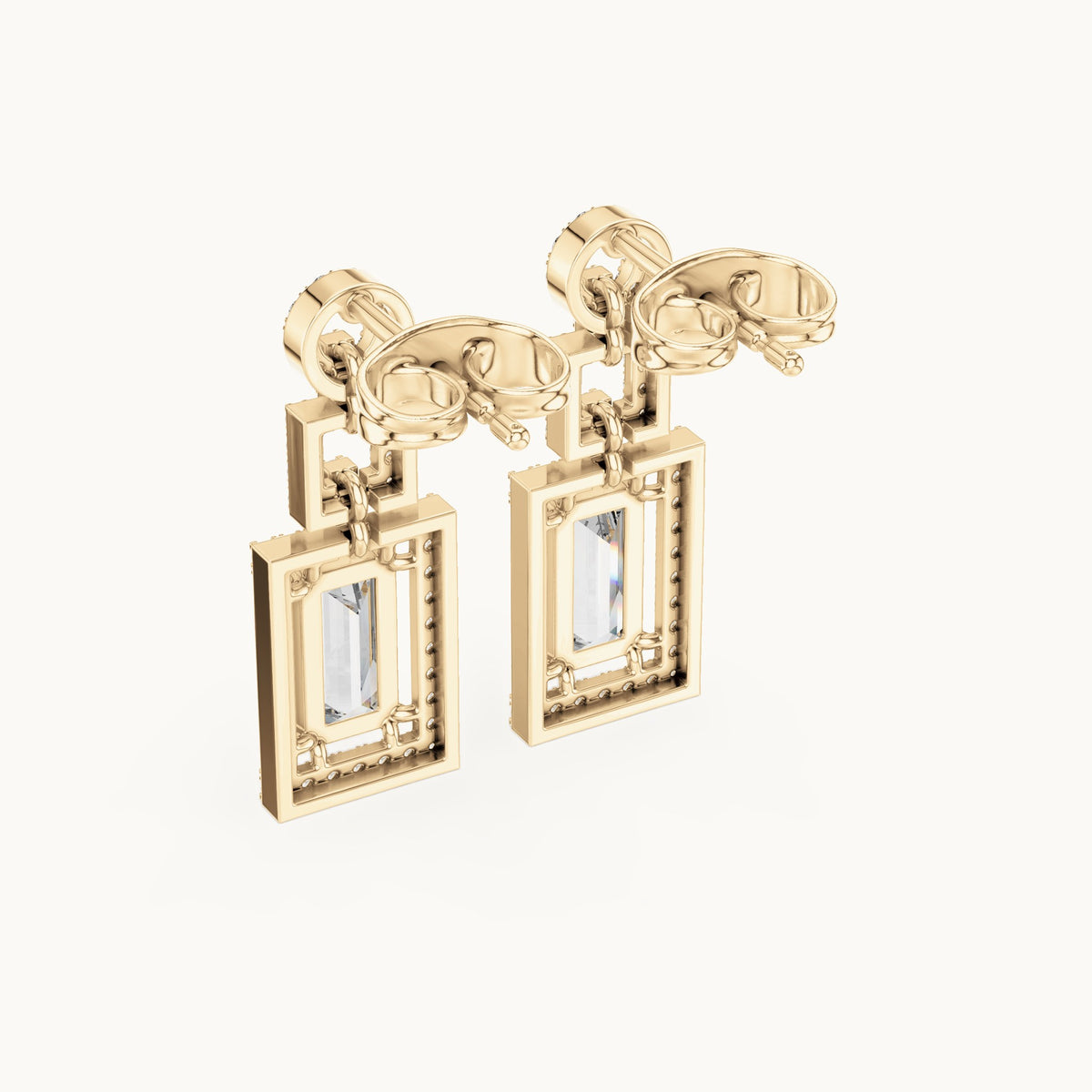 Baguette and round lab-grown diamond halo drop earrings in yellow gold, 1.958 CT TW, view 3