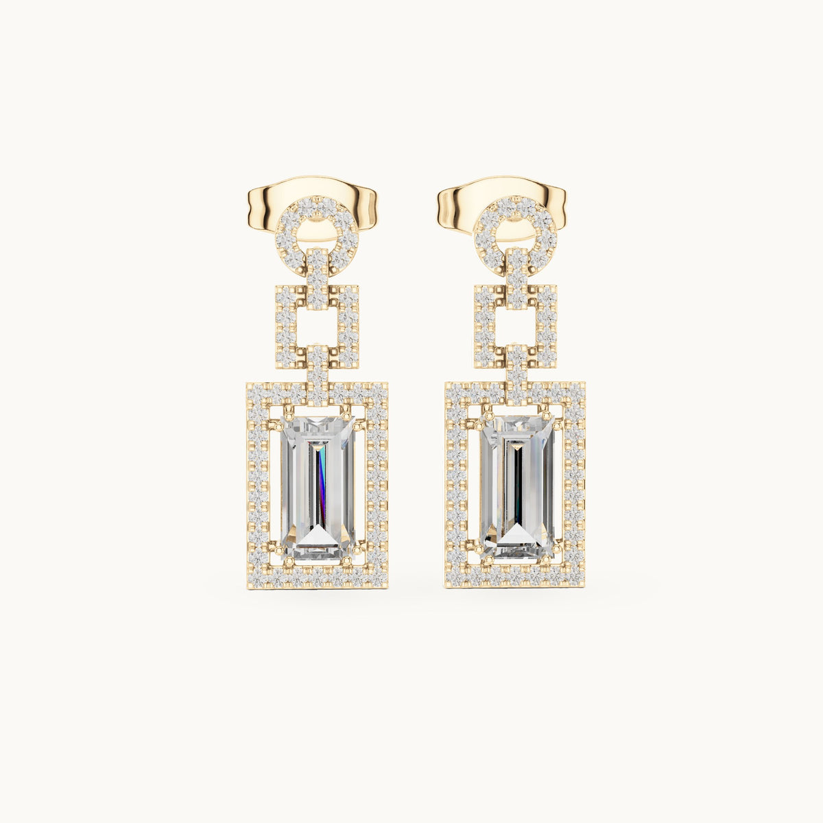 Baguette and round lab-grown diamond halo drop earrings in yellow gold, 1.958 CT TW, view 4