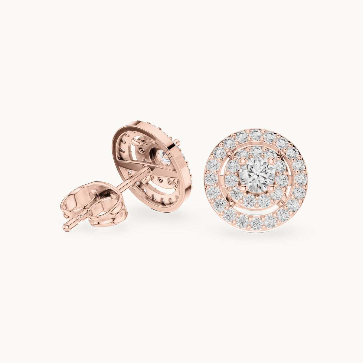Round lab-grown diamond halo stud earrings in rose gold, 0.592 CT TW, view 1