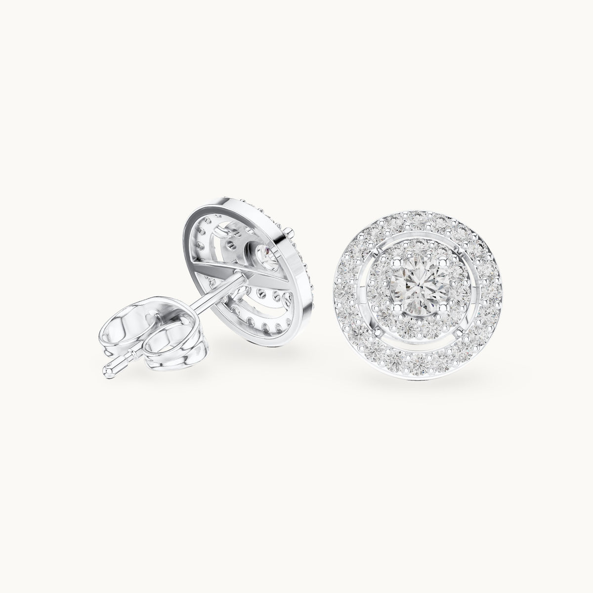 Round lab-grown diamond halo stud earrings in white gold, 0.592 CT TW, view 1