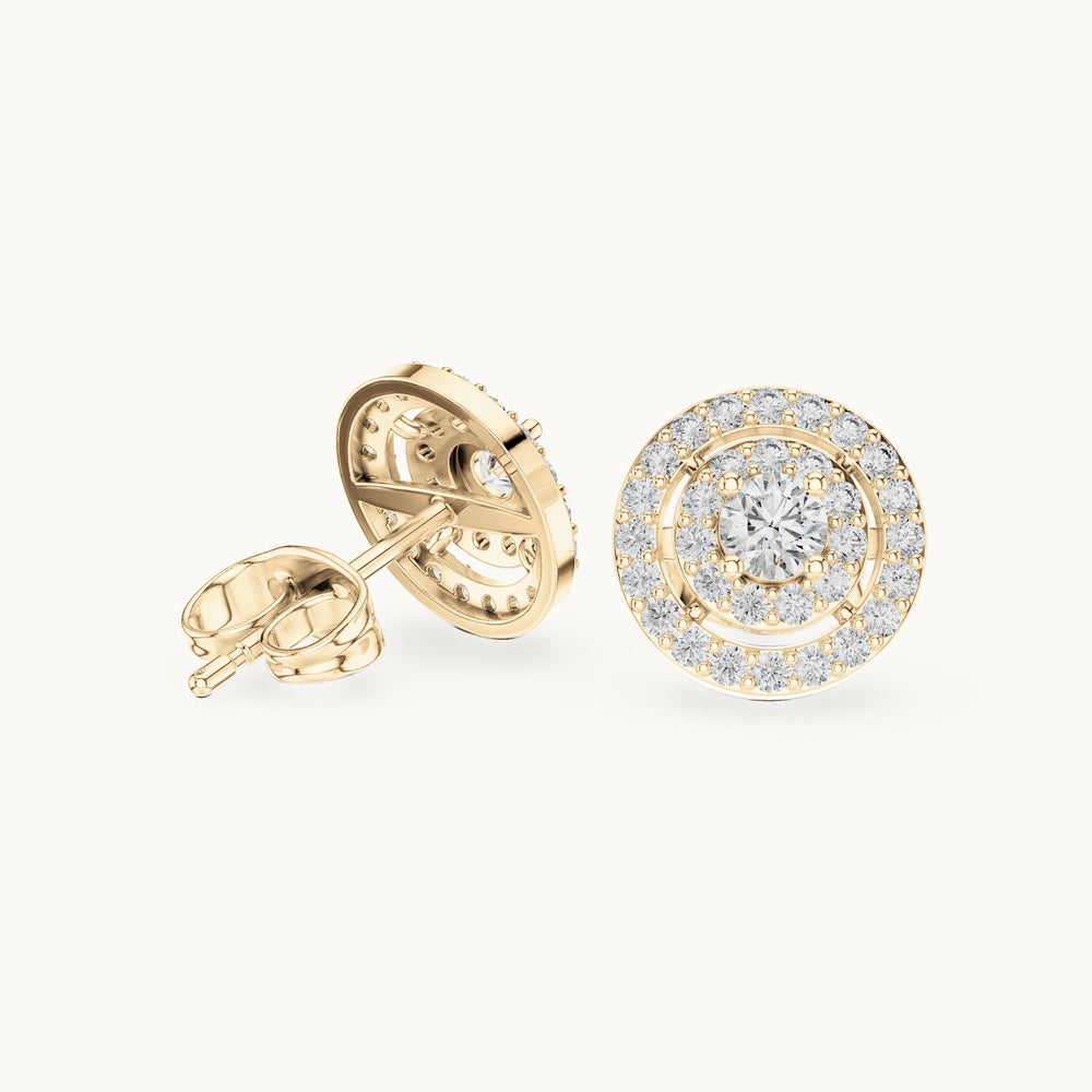 Round lab-grown diamond halo stud earrings in yellow gold, 0.592 CT TW, view 1