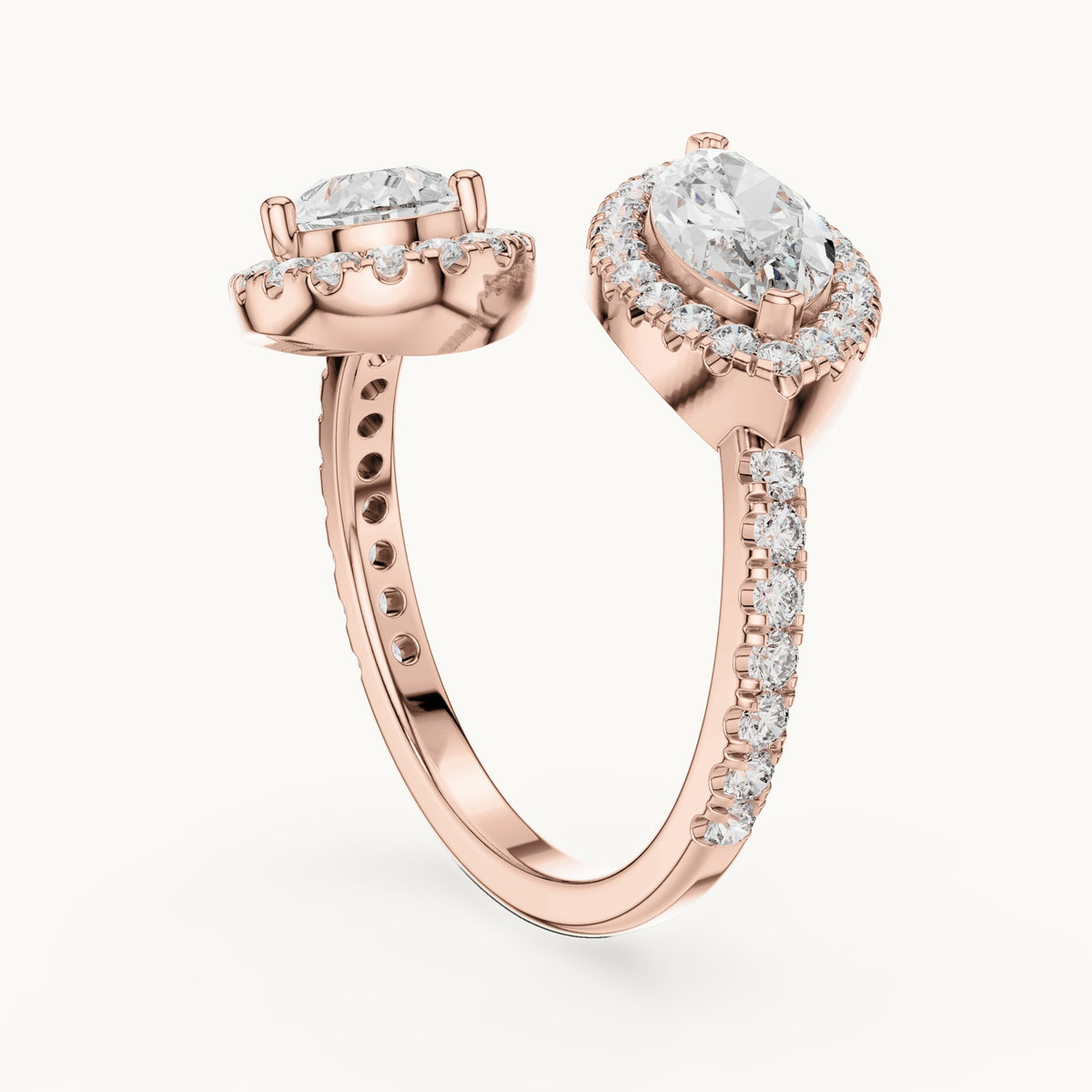 Pear, marquise and round lab-grown diamond toi et moi halo ring in rose gold, 2.63 CT TW, view 1