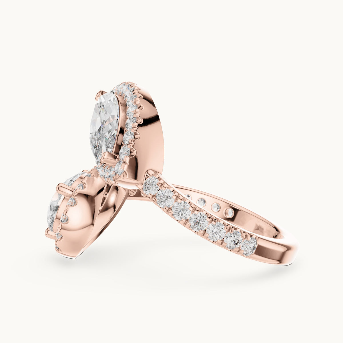 Pear, marquise and round lab-grown diamond toi et moi halo ring in rose gold, 2.63 CT TW, view 3