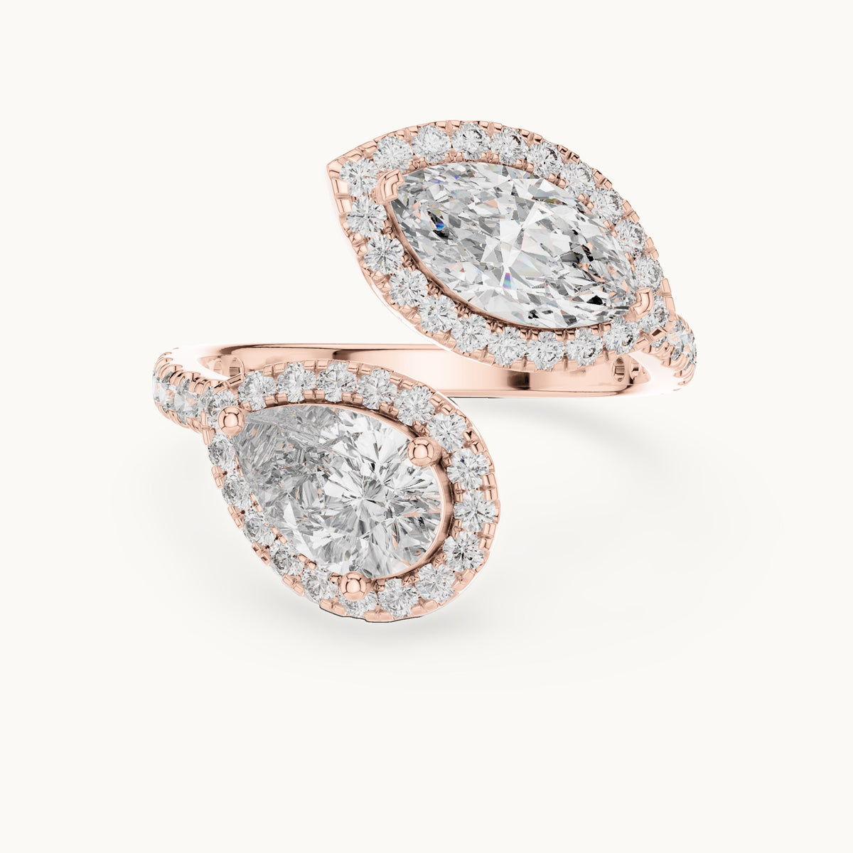 Pear, marquise and round lab-grown diamond toi et moi halo ring in rose gold, 2.63 CT TW, view 4
