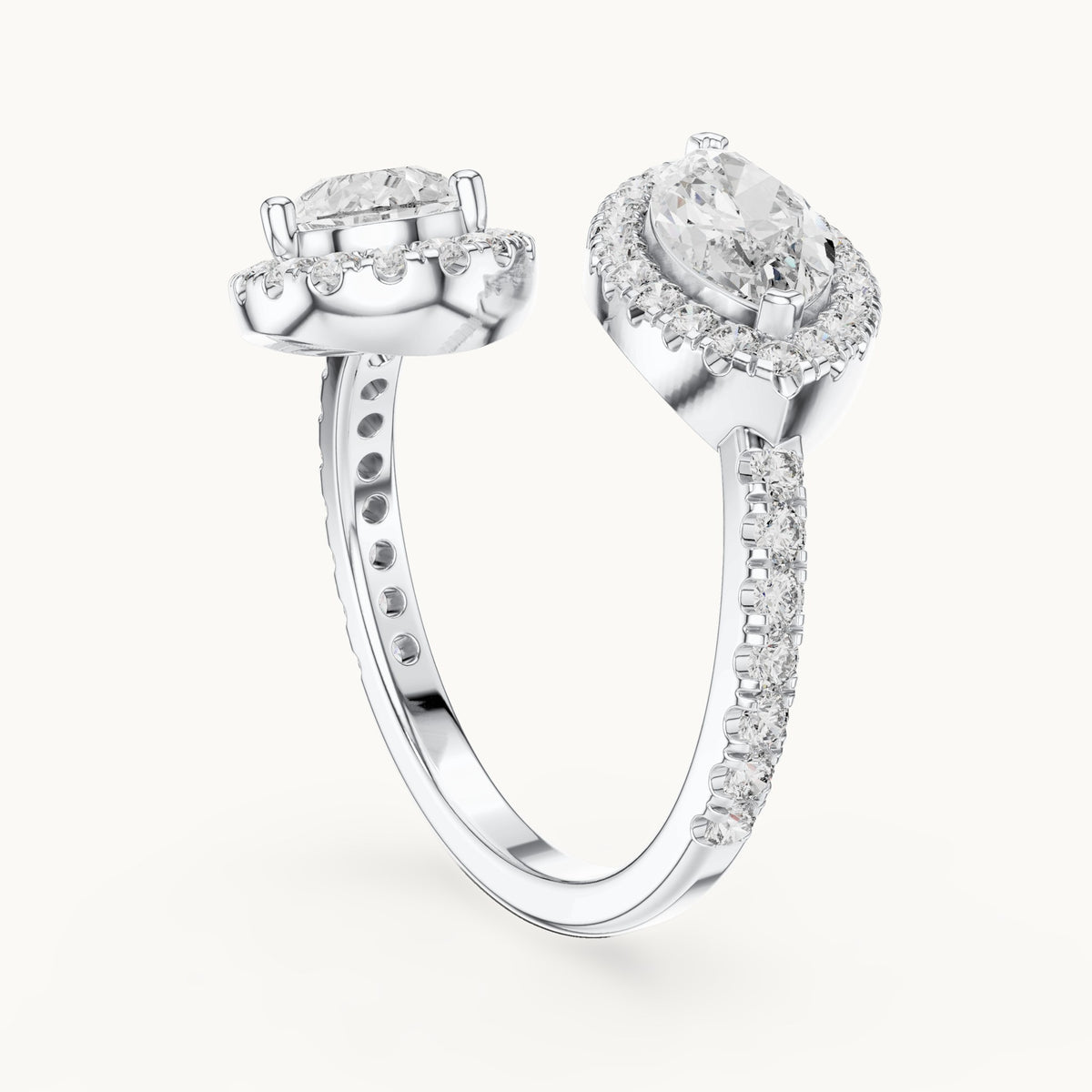 Pear, marquise and round lab-grown diamond toi et moi halo ring in white gold, 2.63 CT TW, view 1