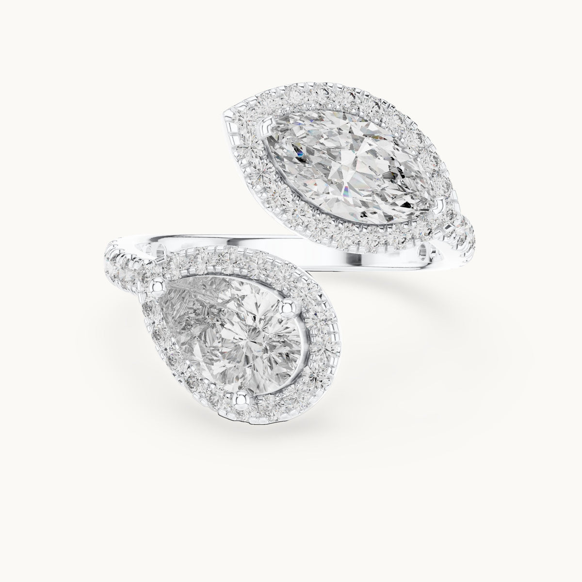 Pear, marquise and round lab-grown diamond toi et moi halo ring in white gold, 2.63 CT TW, view 4