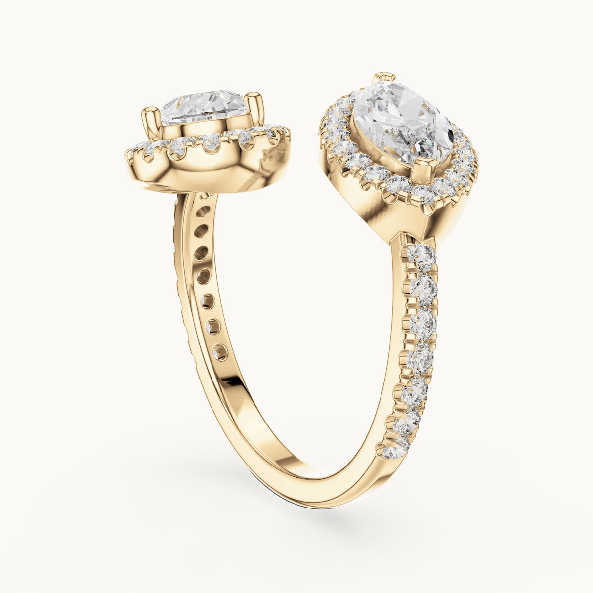 Pear, marquise and round lab-grown diamond toi et moi halo ring in yellow gold, 2.63 CT TW, view 1