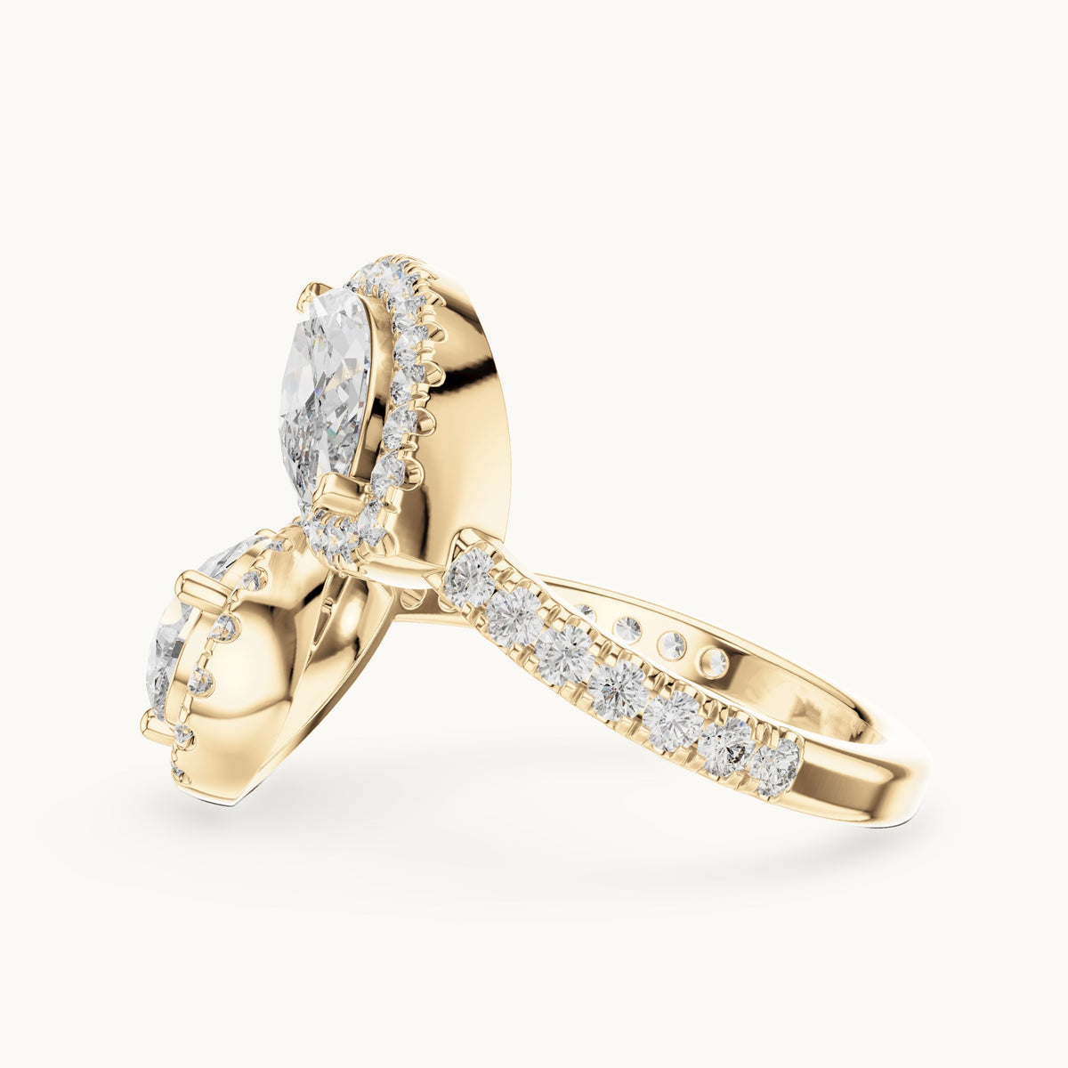Pear, marquise and round lab-grown diamond toi et moi halo ring in yellow gold, 2.63 CT TW, view 3