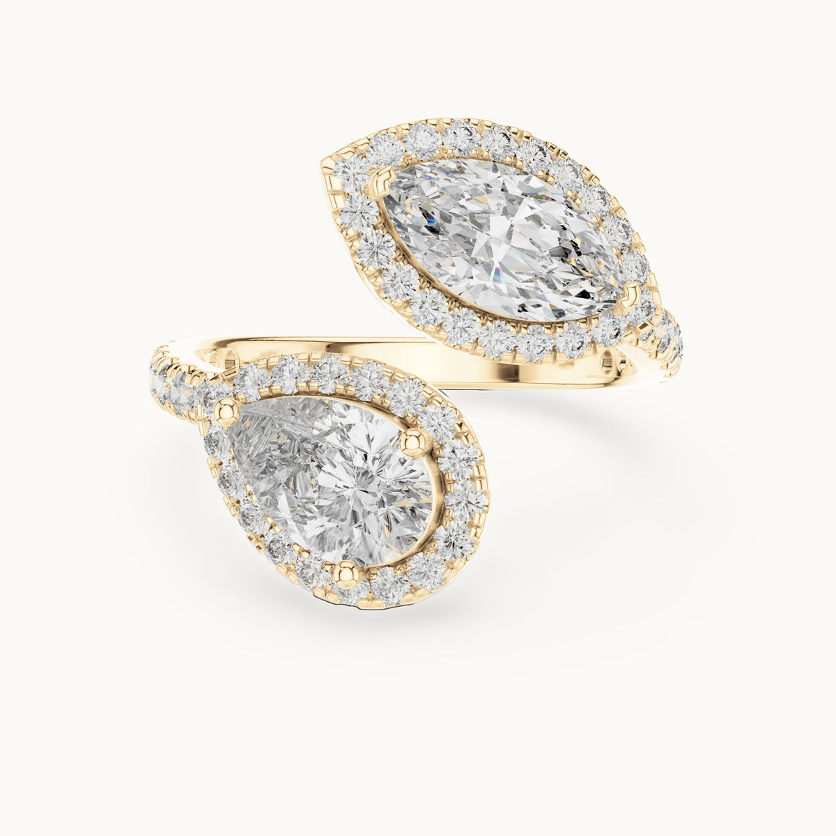 Pear, marquise and round lab-grown diamond toi et moi halo ring in yellow gold, 2.63 CT TW, view 4