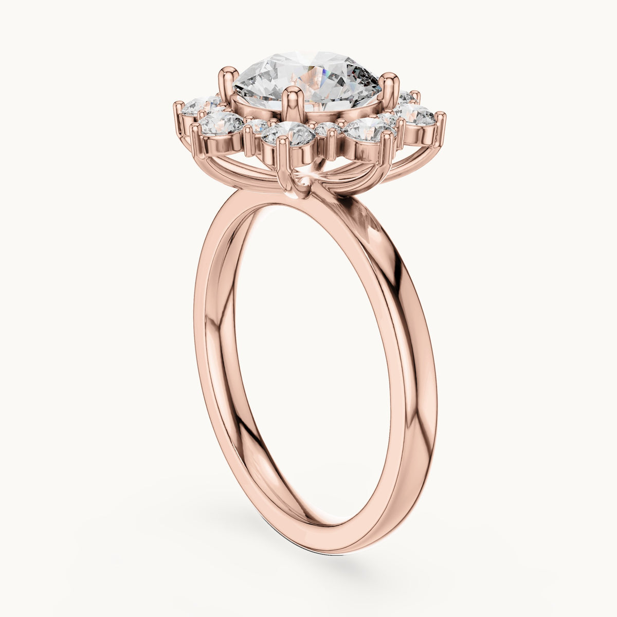 Round lab-grown diamond sunburst halo engagement ring in rose gold, 2.736 CT TW, view 1