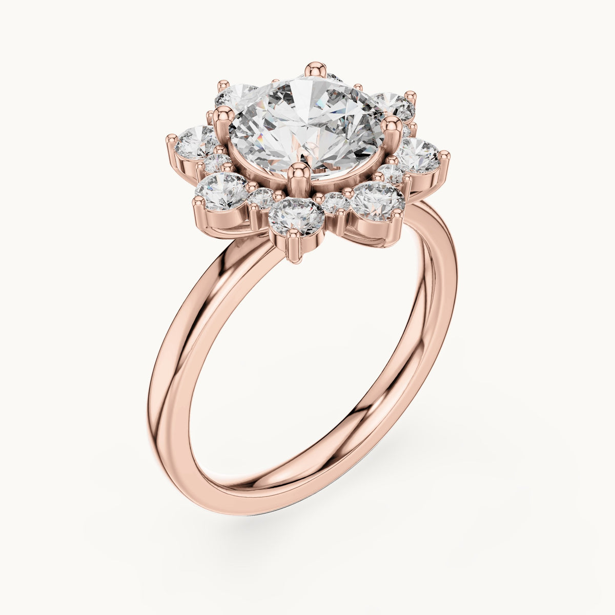 Round lab-grown diamond sunburst halo engagement ring in rose gold, 2.736 CT TW, view 2