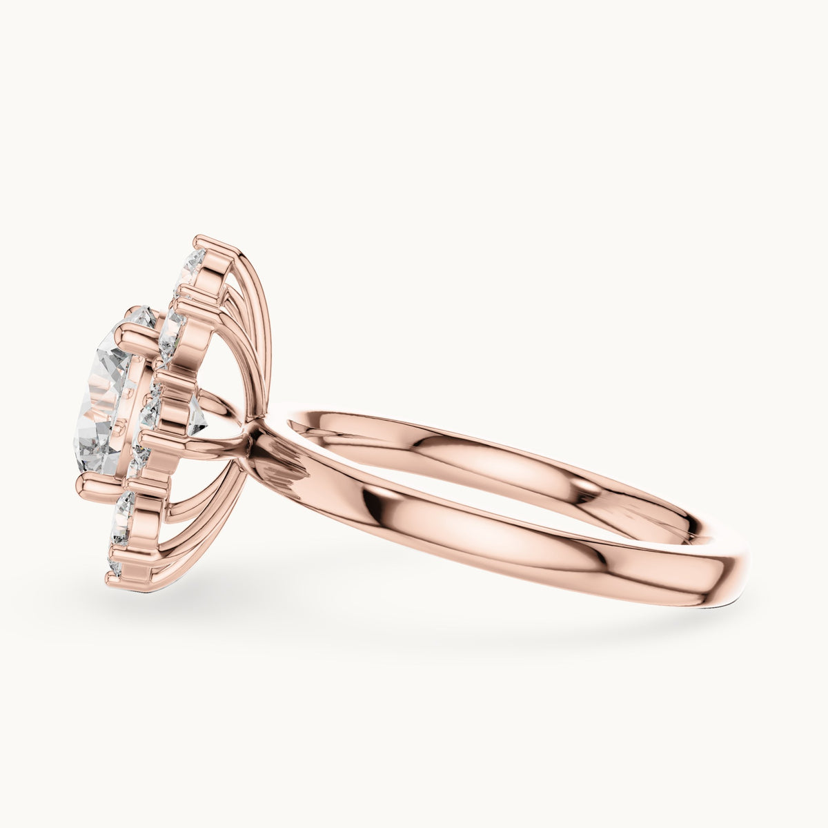 Round lab-grown diamond sunburst halo engagement ring in rose gold, 2.736 CT TW, view 3