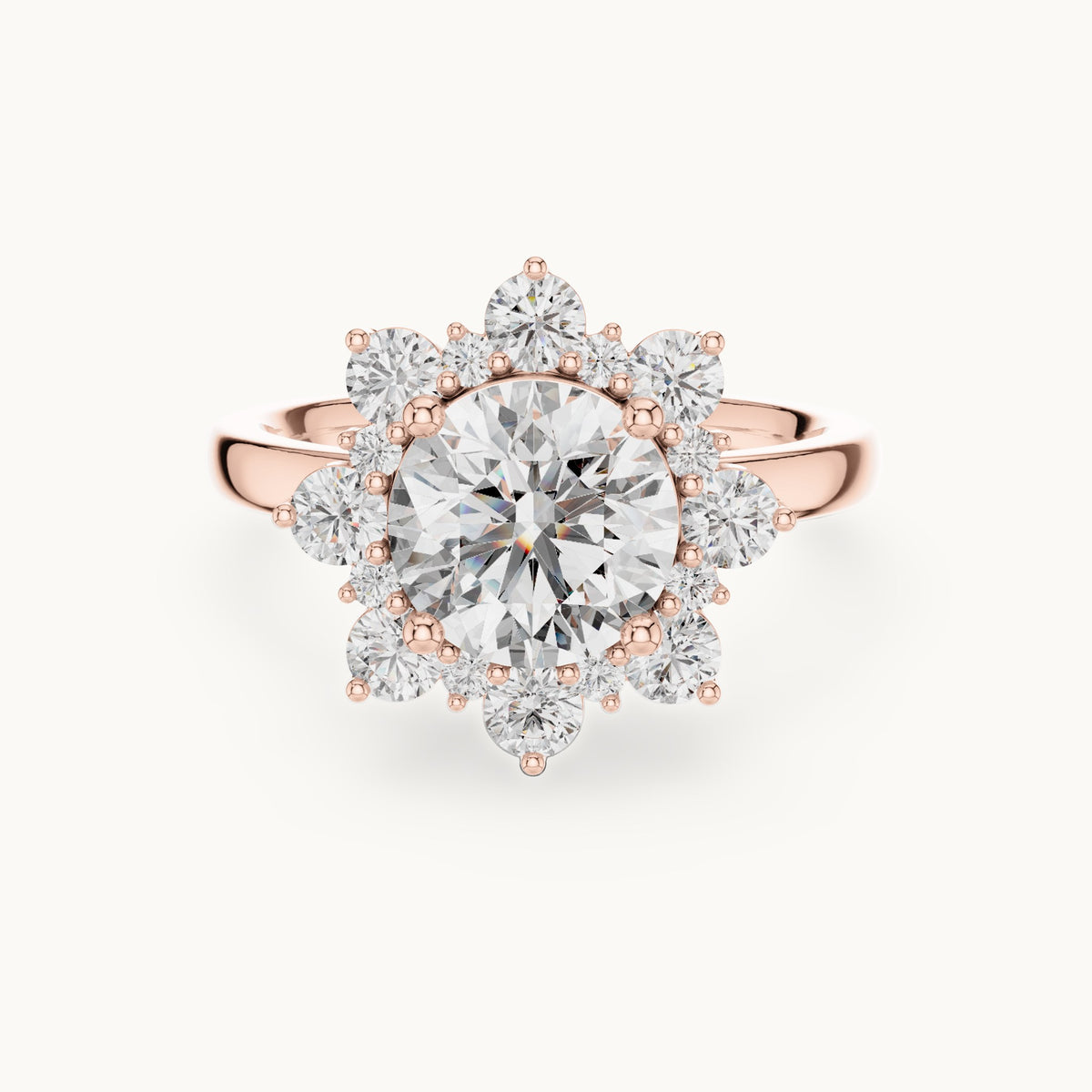Round lab-grown diamond sunburst halo engagement ring in rose gold, 2.736 CT TW, view 4