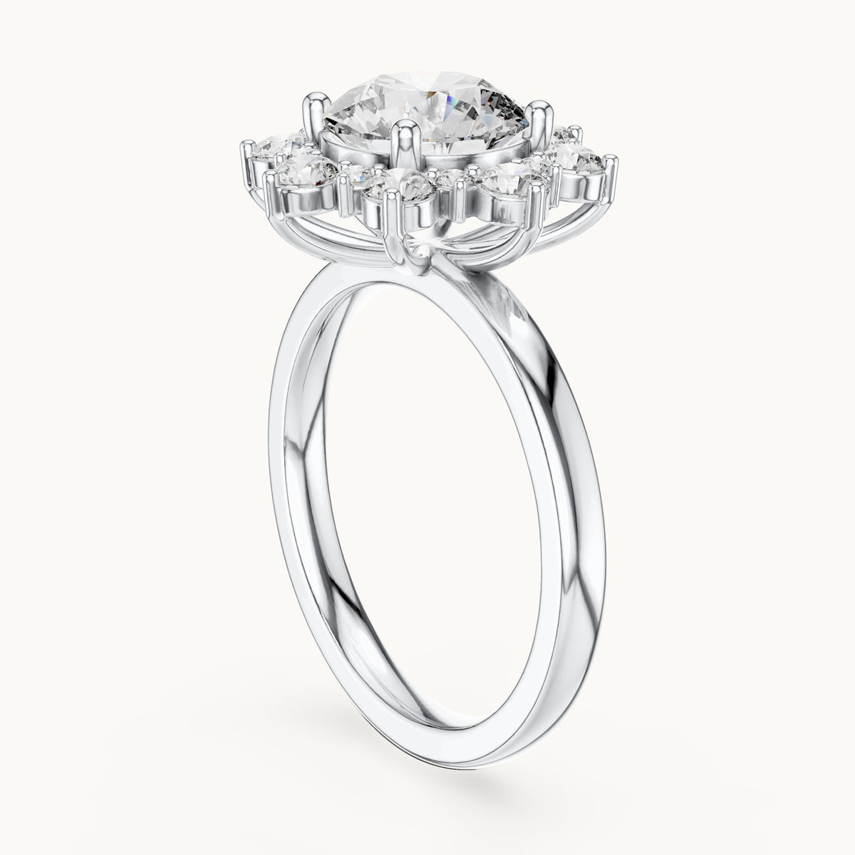 Round lab-grown diamond sunburst halo engagement ring in white gold, 2.736 CT TW, view 1