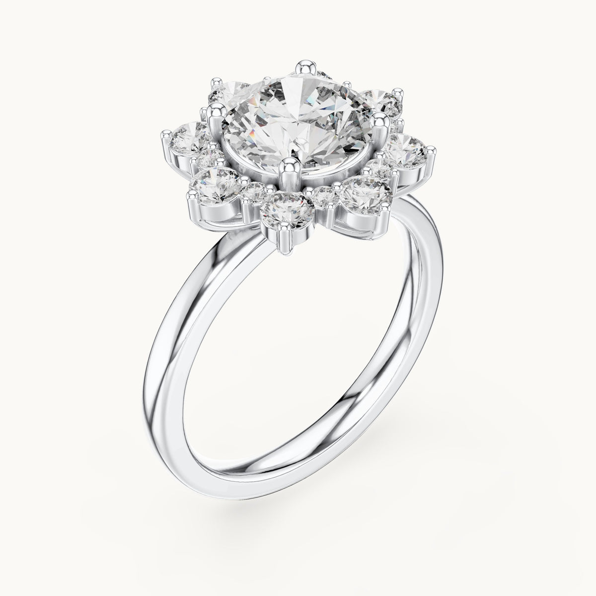 Round lab-grown diamond sunburst halo engagement ring in white gold, 2.736 CT TW, view 2