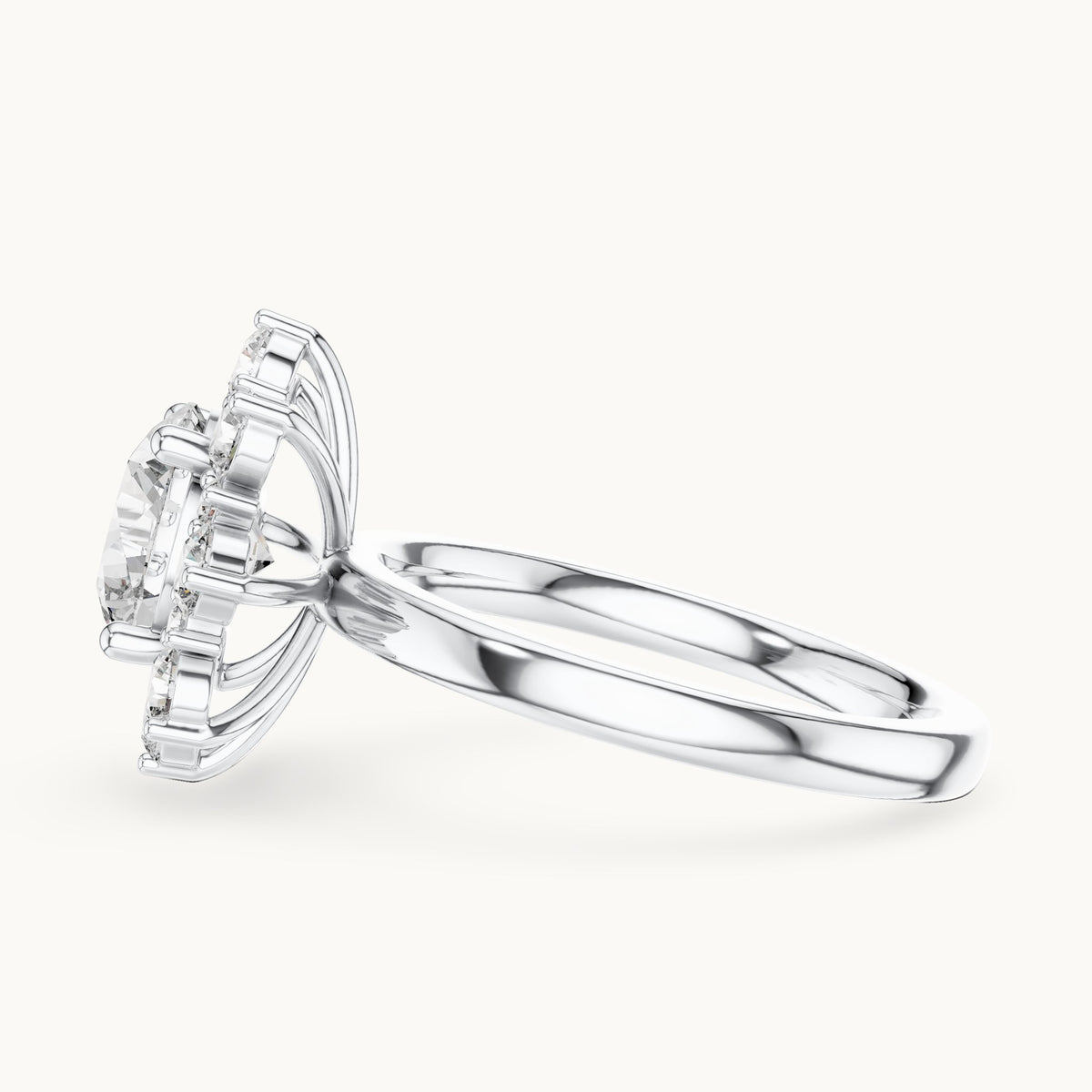 Round lab-grown diamond sunburst halo engagement ring in white gold, 2.736 CT TW, view 3