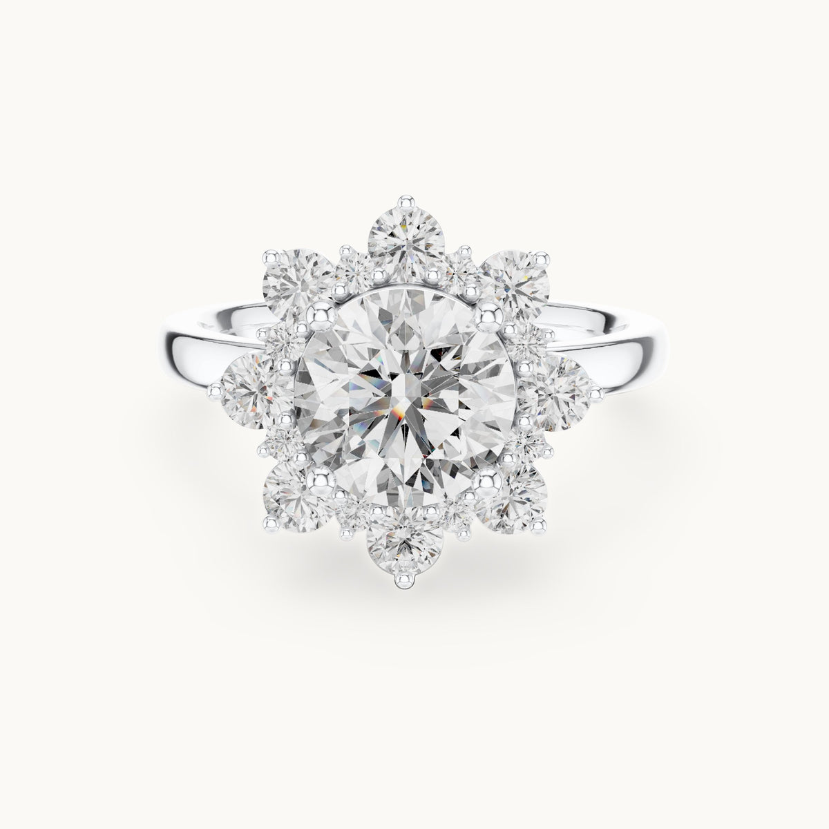 Round lab-grown diamond sunburst halo engagement ring in white gold, 2.736 CT TW, view 4