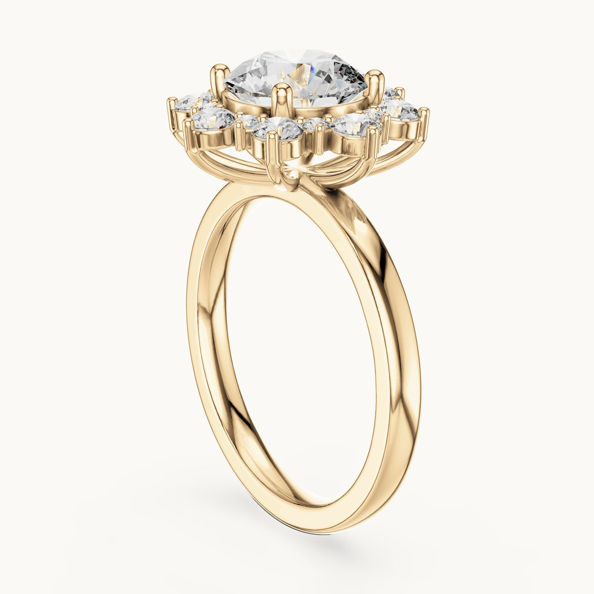 Round lab-grown diamond sunburst halo engagement ring in yellow gold, 2.736 CT TW, view 1