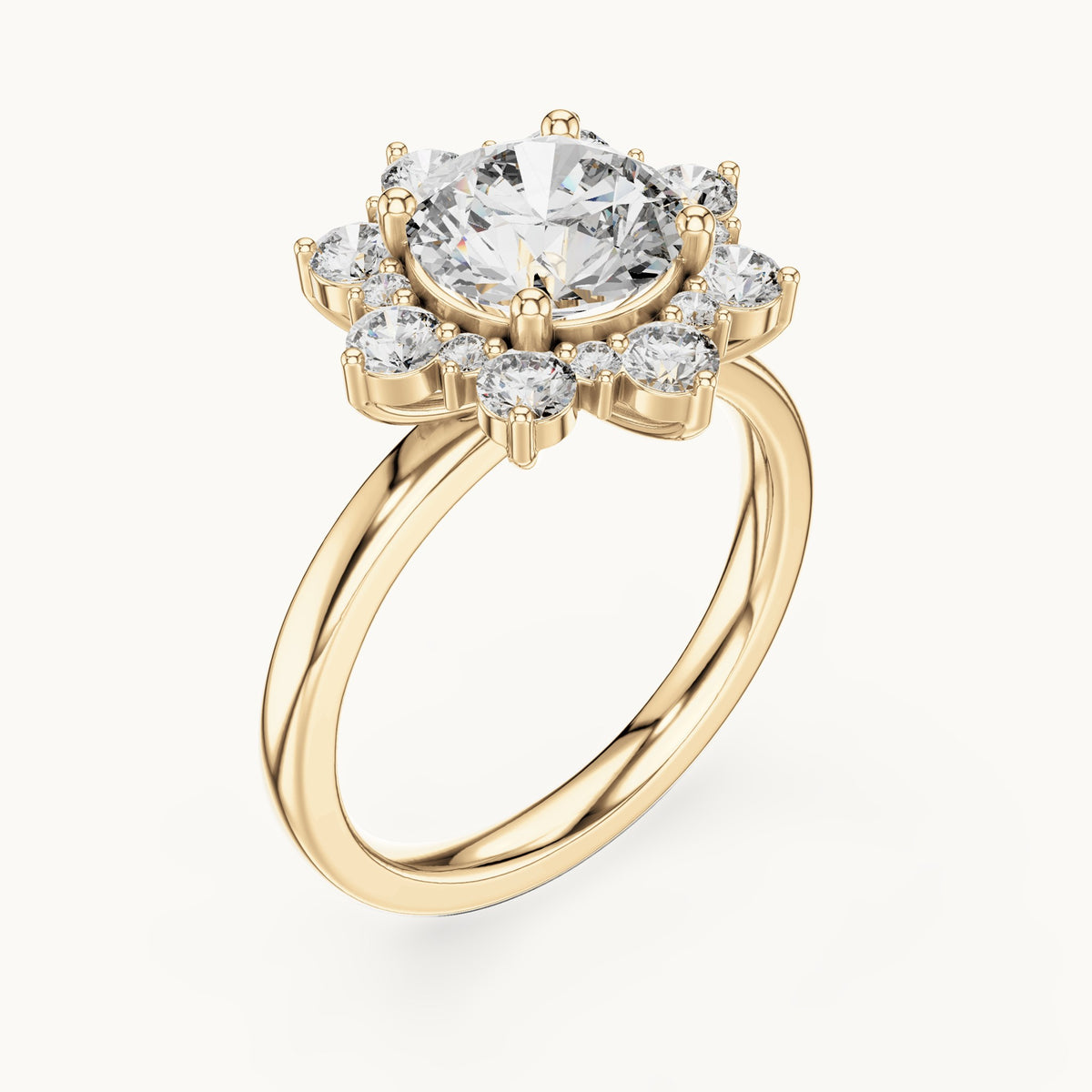 Round lab-grown diamond sunburst halo engagement ring in yellow gold, 2.736 CT TW, view 2
