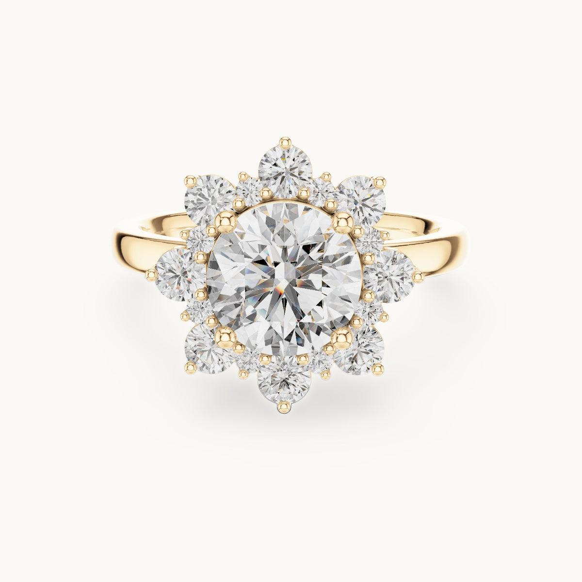 Round lab-grown diamond sunburst halo engagement ring in yellow gold, 2.736 CT TW, view 4