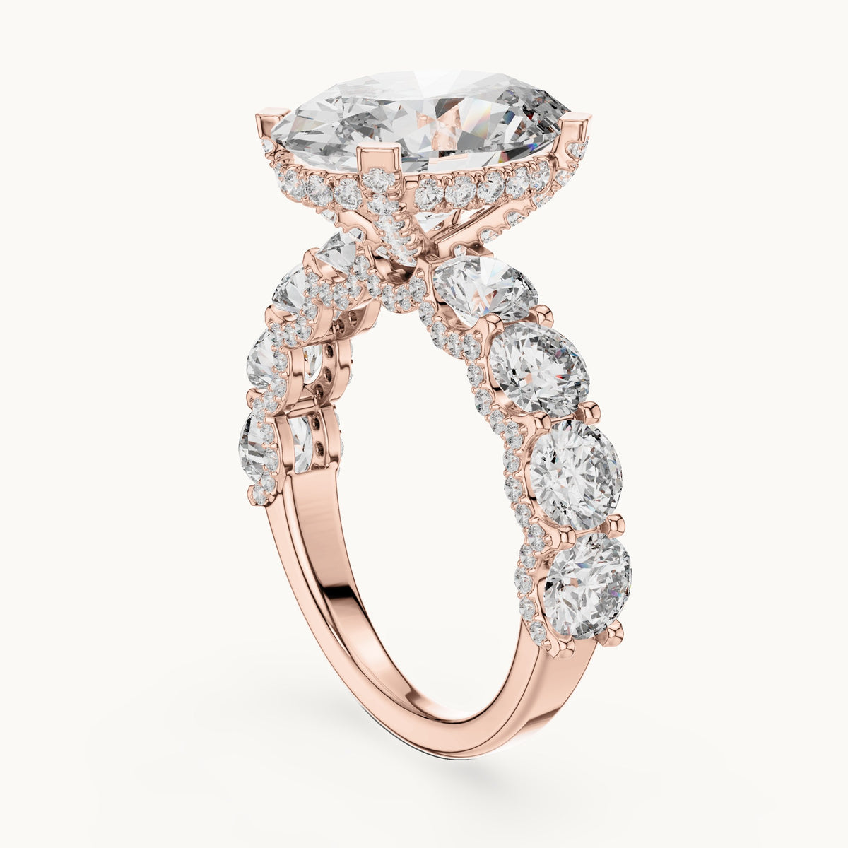 Oval and round lab-grown diamond engagement ring with round side stones in rose gold, 8.034 CT TW, view 1