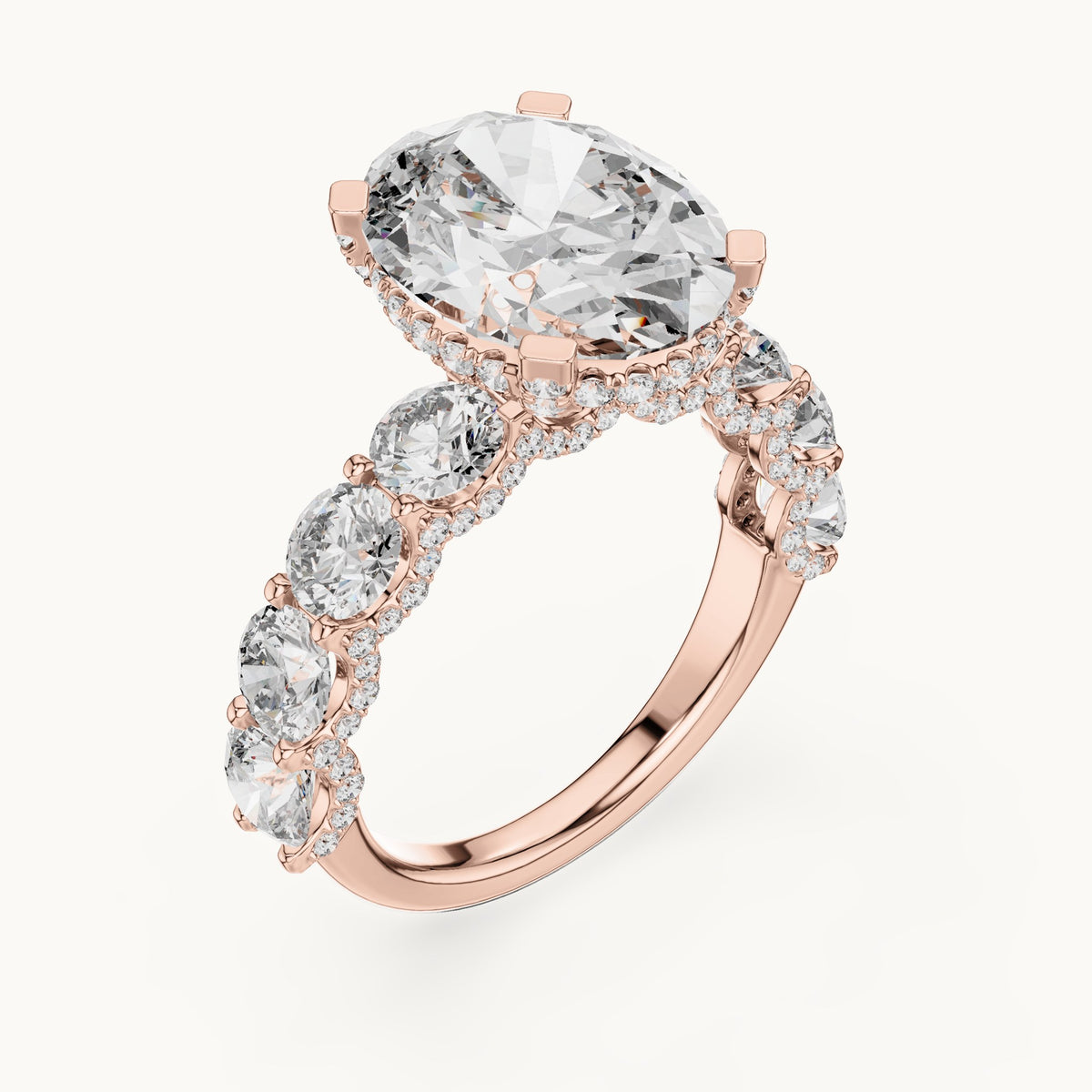 Oval and round lab-grown diamond engagement ring with round side stones in rose gold, 8.034 CT TW, view 2
