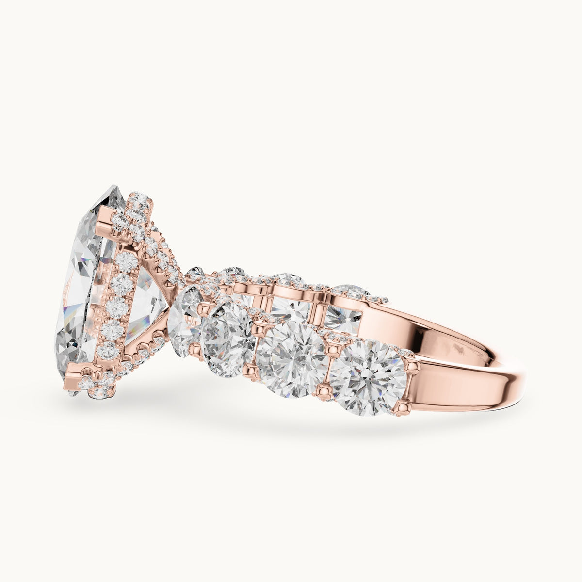 Oval and round lab-grown diamond engagement ring with round side stones in rose gold, 8.034 CT TW, view 3