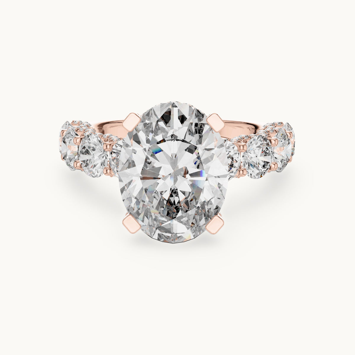Oval and round lab-grown diamond engagement ring with round side stones in rose gold, 8.034 CT TW, view 4