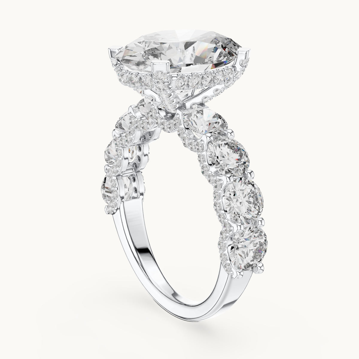 Oval and round lab-grown diamond engagement ring with round side stones in white gold, 8.034 CT TW, view 1