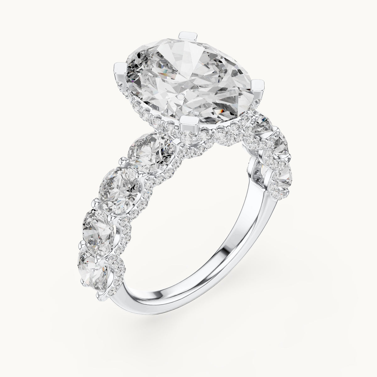 Oval and round lab-grown diamond engagement ring with round side stones in white gold, 8.034 CT TW, view 2