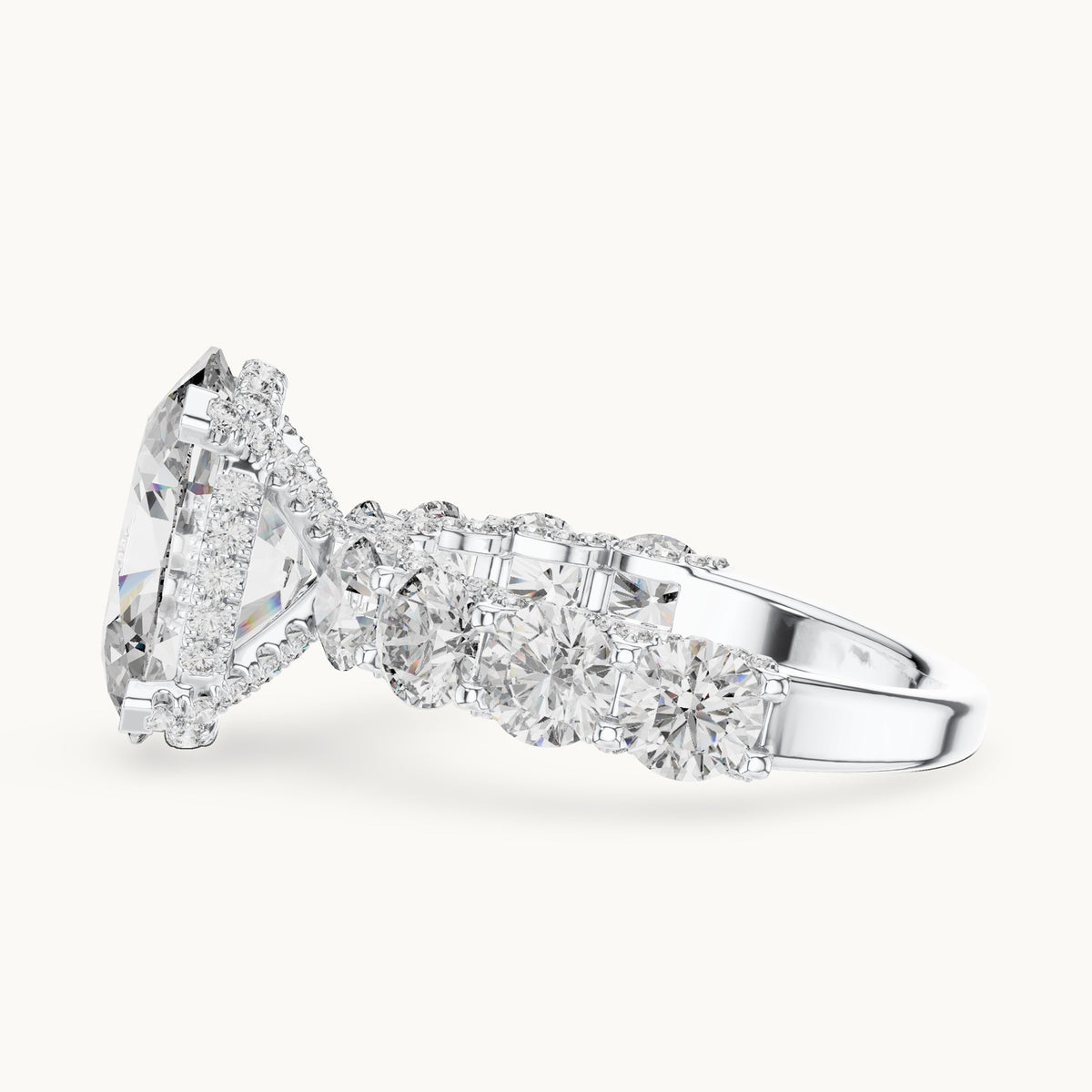 Oval and round lab-grown diamond engagement ring with round side stones in white gold, 8.034 CT TW, view 3