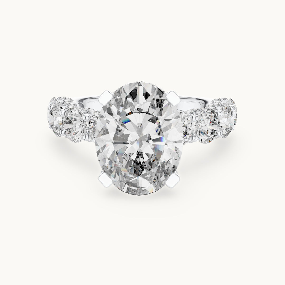 Oval and round lab-grown diamond engagement ring with round side stones in white gold, 8.034 CT TW, view 4