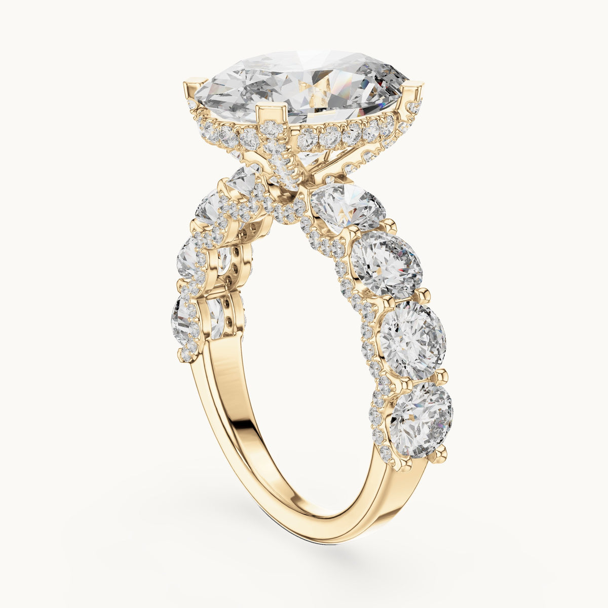Oval and round lab-grown diamond engagement ring with round side stones in yellow gold, 8.034 CT TW, view 1