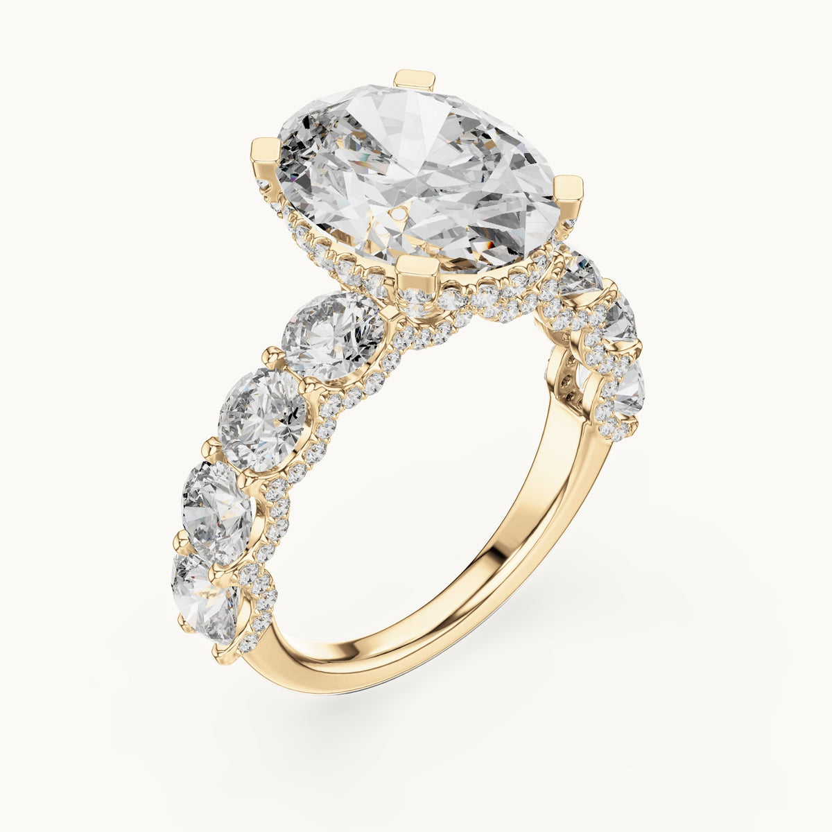 Oval and round lab-grown diamond engagement ring with round side stones in yellow gold, 8.034 CT TW, view 2