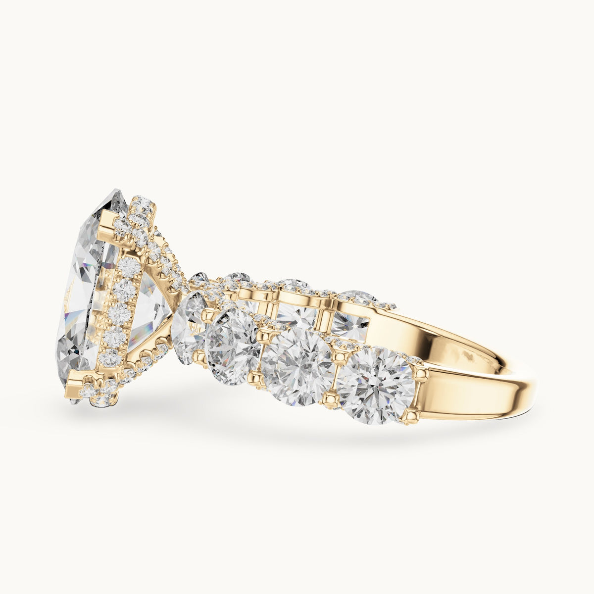 Oval and round lab-grown diamond engagement ring with round side stones in yellow gold, 8.034 CT TW, view 3