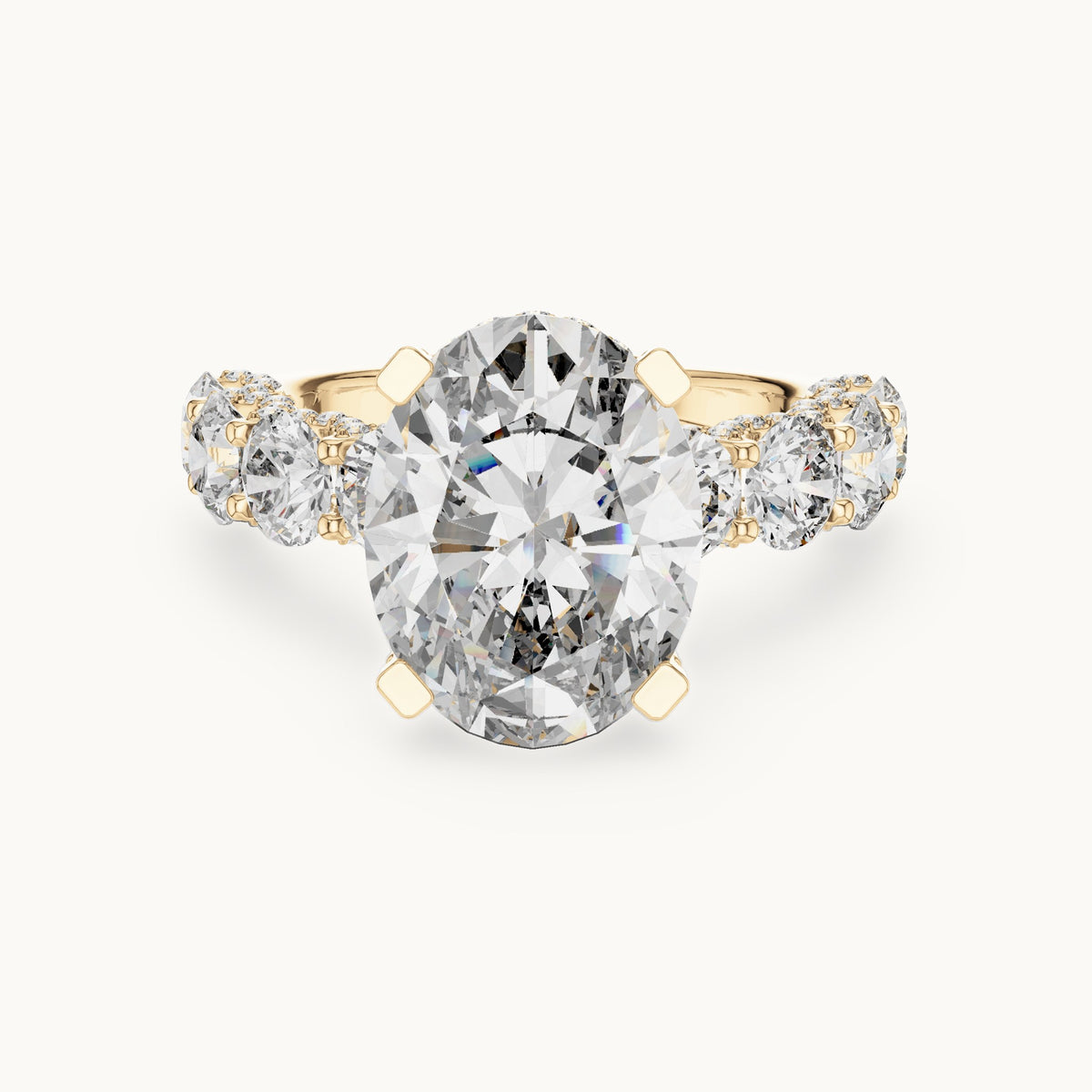 Oval and round lab-grown diamond engagement ring with round side stones in yellow gold, 8.034 CT TW, view 4