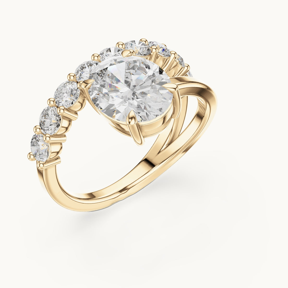Oval and round lab-grown diamond double band engagement ring in yellow gold, 3.99 CT TW, view 2