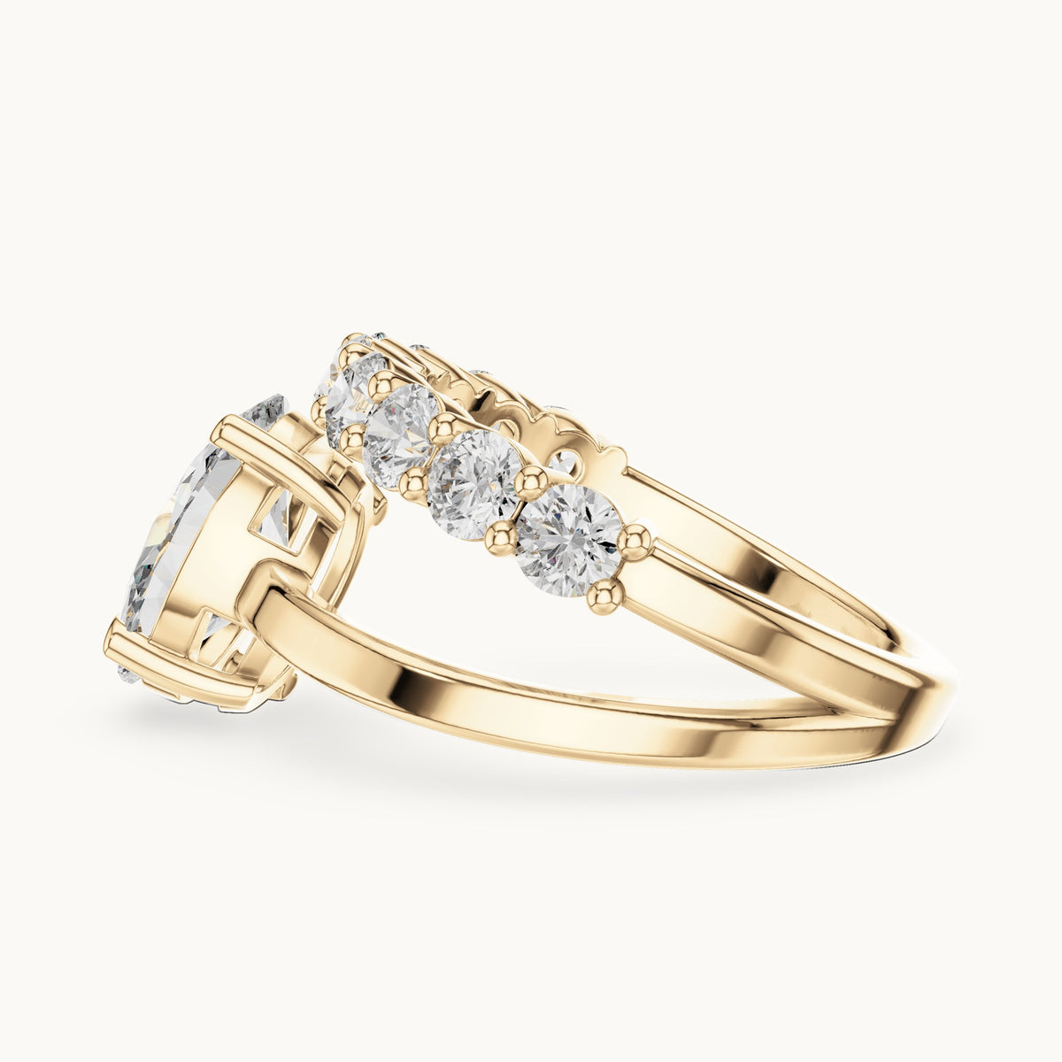 Oval and round lab-grown diamond double band engagement ring in yellow gold, 3.99 CT TW, view 3