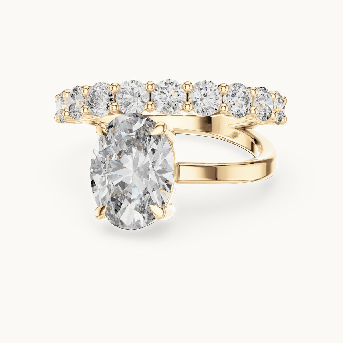 Oval and round lab-grown diamond double band engagement ring in yellow gold, 3.99 CT TW, view 4