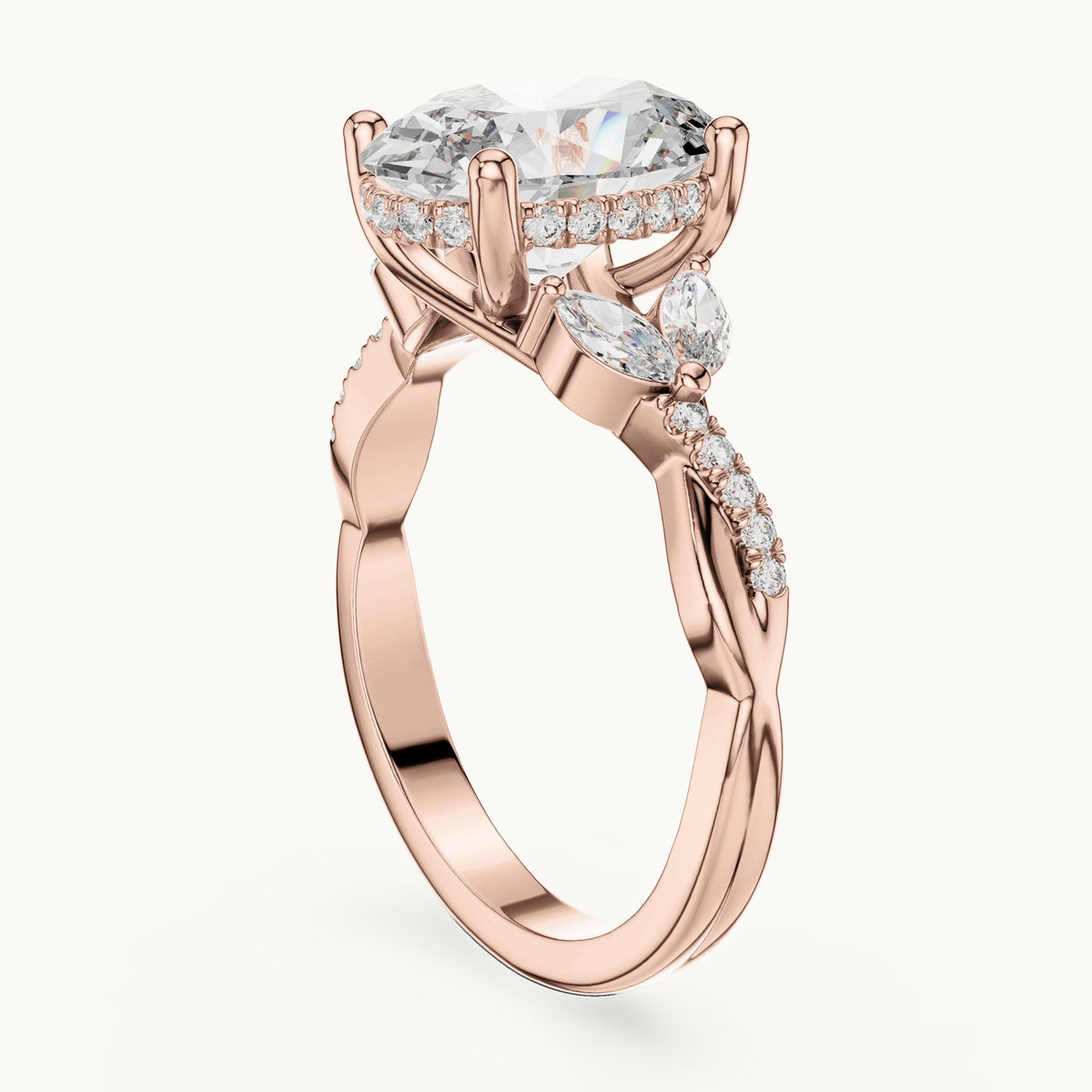 Oval, marquise and round lab-grown diamond engagement ring with marquise side stones in rose gold, 3.35 CT TW, view 1