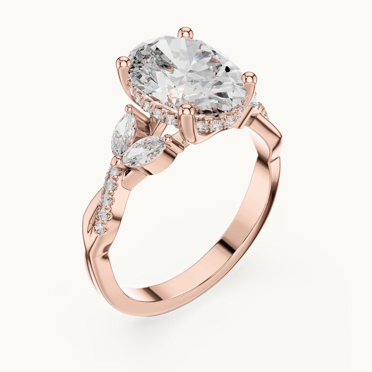 Oval, marquise and round lab-grown diamond engagement ring with marquise side stones in rose gold, 3.35 CT TW, view 2