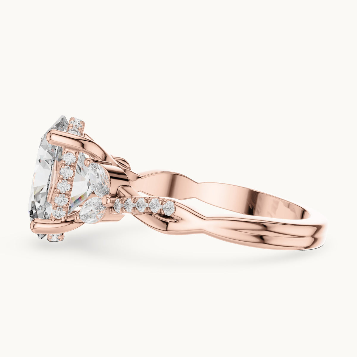 Oval, marquise and round lab-grown diamond engagement ring with marquise side stones in rose gold, 3.35 CT TW, view 3