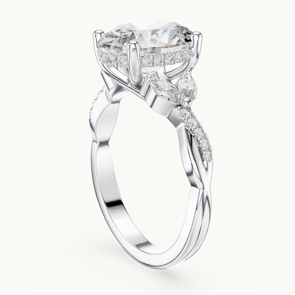 Oval, marquise and round lab-grown diamond engagement ring with marquise side stones in white gold, 3.35 CT TW, view 1