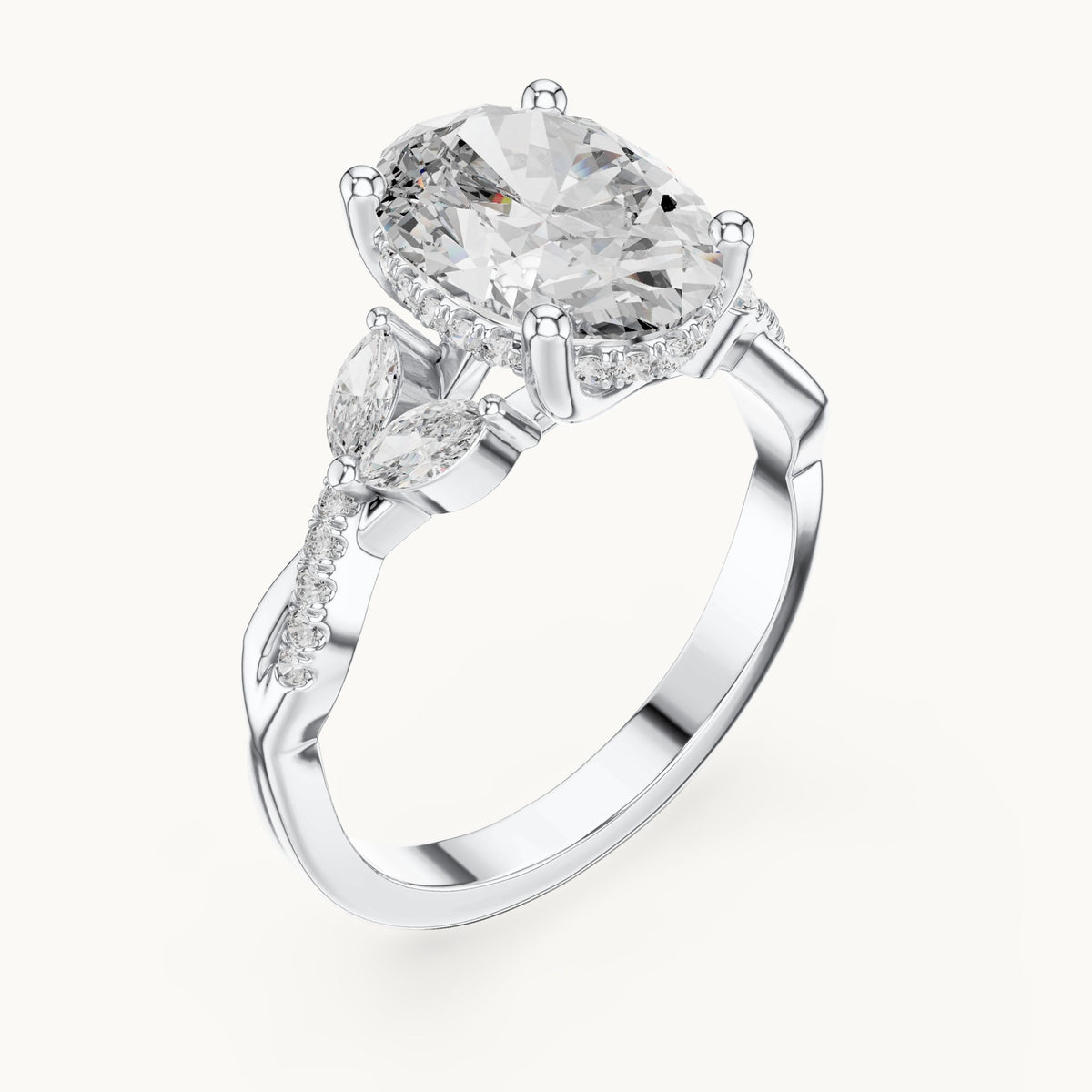 Oval, marquise and round lab-grown diamond engagement ring with marquise side stones in white gold, 3.35 CT TW, view 2
